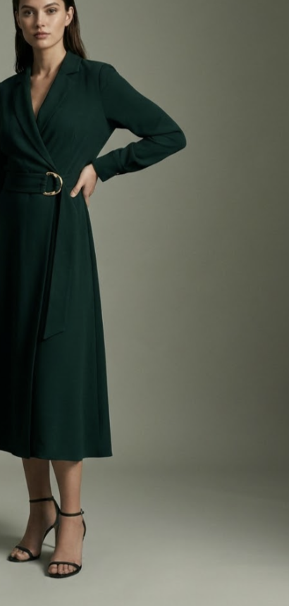 A model wearing a dark jade belted wrap dress.