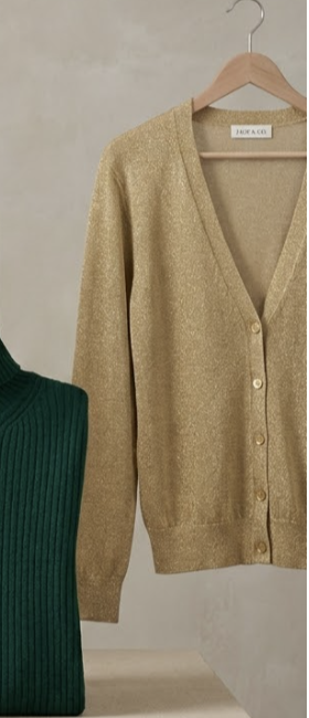 A champagne gold cardigan hanging beside cream and emerald knits.
