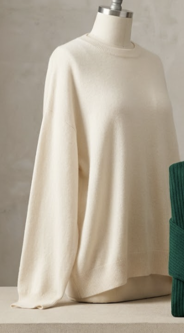 A cream cashmere pullover displayed on a dress form.
