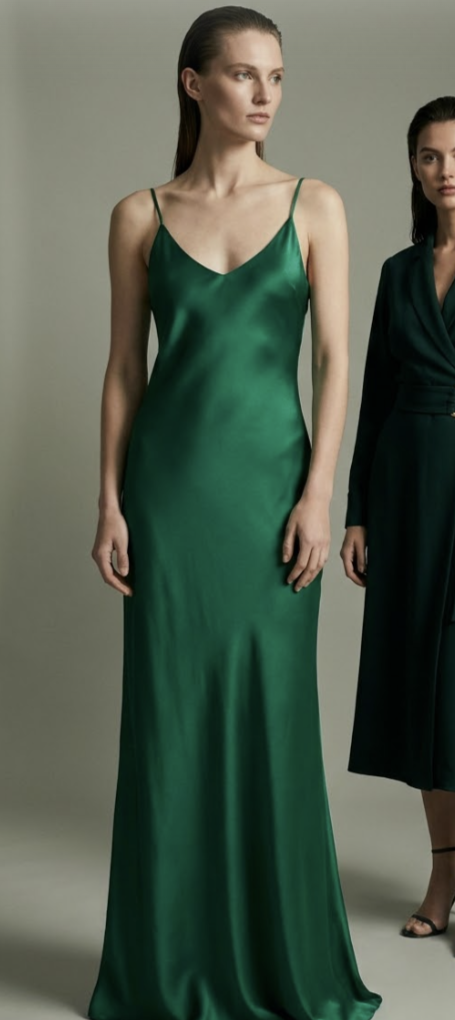 A model wearing a long emerald satin slip dress.