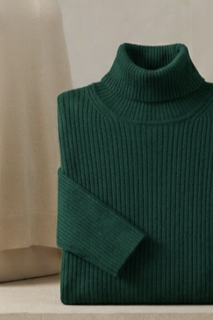 A folded emerald ribbed turtleneck knit.