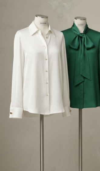 Four refined blouses on dress forms including an ivory silk shirt.