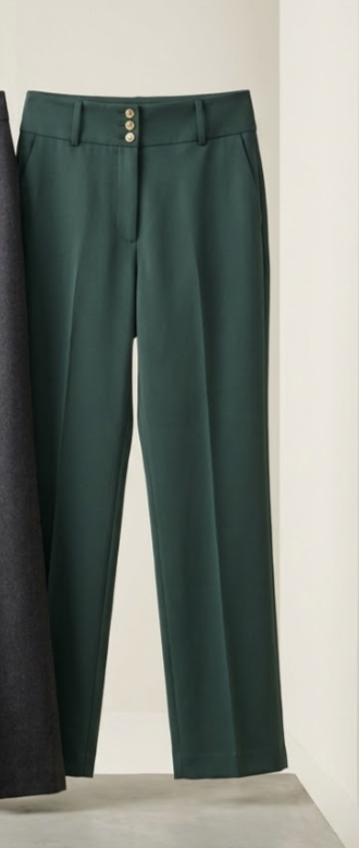 A pair of forest jade tailored trousers with gold waist buttons.